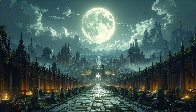 Vast city of the dead and crypts under a moonlit sky for epic storytelling and game world concepts