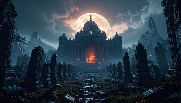 Ancient mausoleum with a giant full moon and eerie fire for fantasy and horror background themes