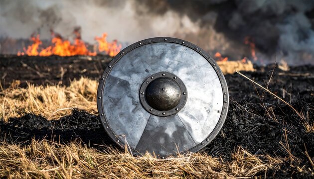 Ancient circular iron shield with a reinforced central boss and forged metal rim resting on charred earth after a battle, cinematic panoramic view of smoking war fields with burning flames.