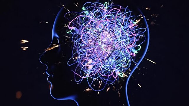 Abstract depiction of the human mind with glowing neural pathways and thought processes.