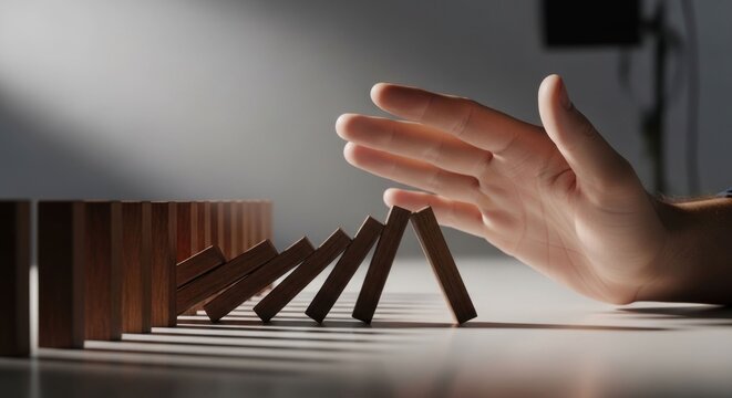 Hand stopping dominoes from falling in a chain reaction.