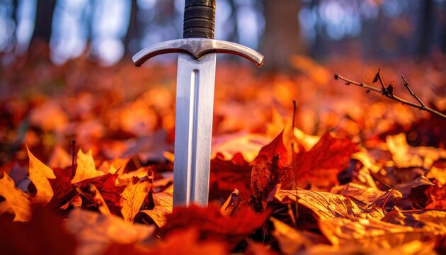 Sharpened iron falchion blade with a curved edge and simple crossguard resting vertically in autumn leaves. Hand forged steel medieval sword in a cinematic forest floor sunset composition.