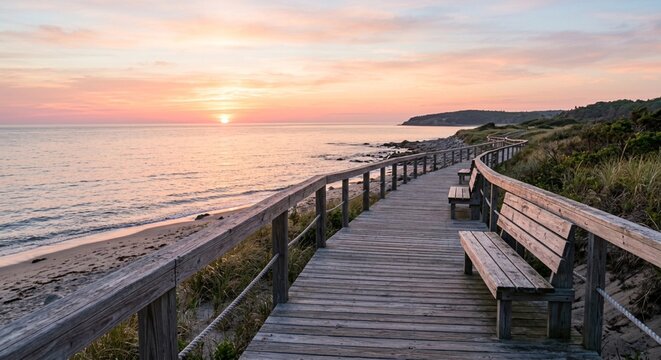Coastal boardwalk at sunrise with empty benches and pastel sky