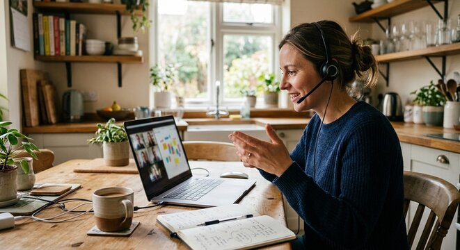 Distributed product manager joining a brainstorm from a kitchen table workspace