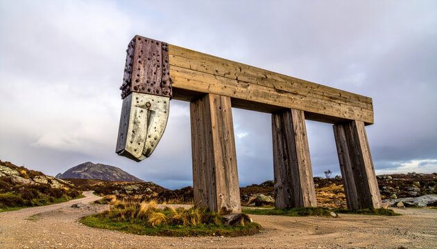 Massive medieval battering ram structure made of heavy oak beams and iron plates stands in a rugged landscape. This cinematic wide view captures an imposing wooden war machine in the mountains.