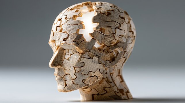 Human mind jigsaw bust with wooden texture and internal light in a sharp profile macro for cognitive science and psychiatric therapy marketing