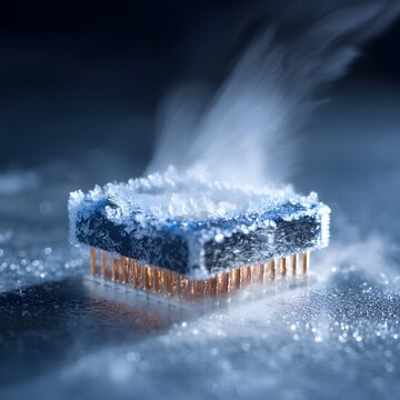 Liquid Nitrogen Cooling Computer Chip Frost Forming Dark Closeup