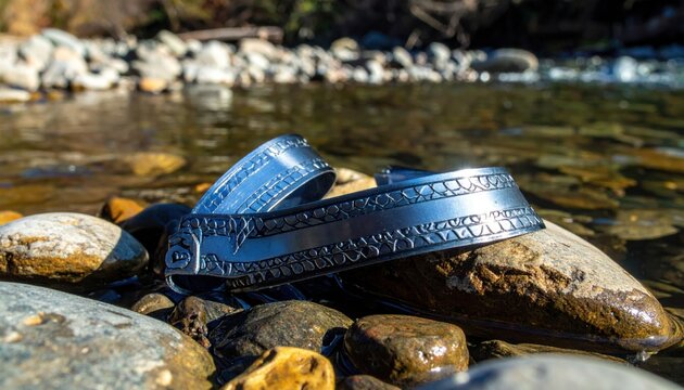Handcrafted Steel Armbraces with Intricate Etched Border Designs, Resting on Natural River Stones by a Scenic Waterway for a Cinematic and Adventurous Outdoor Presentation.