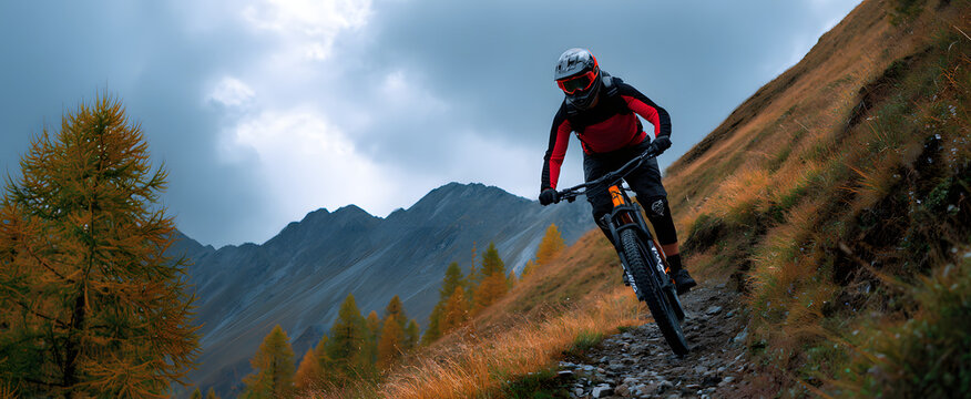 The mountain biker feels thrilling freedom as they speed down the rugged hillside trail.