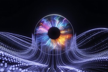Obraz premium Bionic Eye Sphere with Glowing Energy Ring and Radiant Fiber Optic Light Connections