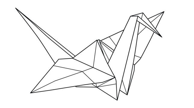 Minimalist line art illustration of a traditional Japanese origami paper crane on a white background.