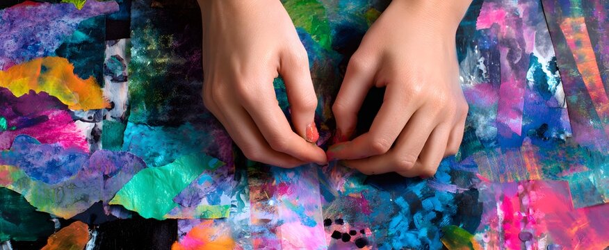 The hands creating a vibrant mixed-media art collage pulse with shared passion and joy