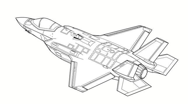 Line drawing of a modern stealth fighter jet, possibly an F-35, showcasing its aerodynamic design and internal structure.