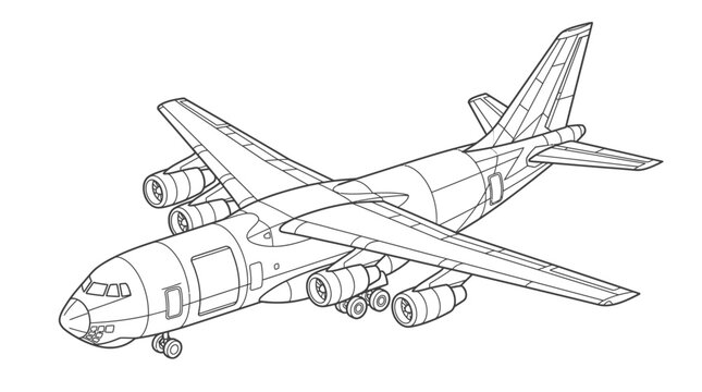 Detailed line art drawing of a large four-engine cargo aircraft in an isometric view, showing outlines of the fuselage, wings, engines, and landing gear.