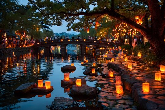 Colorful paper lantern festivals brighten twilight riversides as families release glowing orbs.