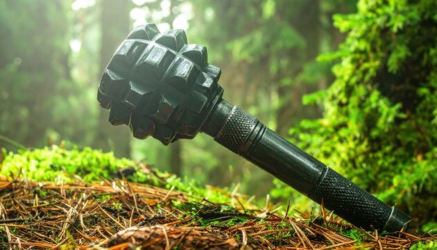 A forged steel mace with textured grip resting on a mossy pine forest floor, representing the raw power of medieval weaponry in a cinematic outdoor setting with natural lighting and depth.