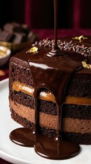 Obraz premium Luxurious layered chocolate cake, gourmet dessert being slowly drizzled with rich dark ganache, showcasing caramel and velvety mousse, a delicious sweet confection for celebration