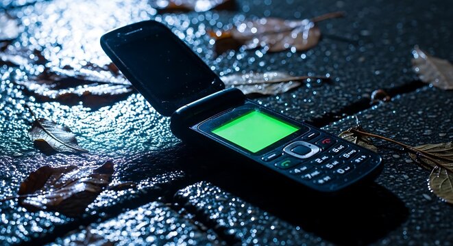 Old black flip phone with a glowing green screen lying on a wet dark ground surface at night with shiny water reflections and raindrops all around it