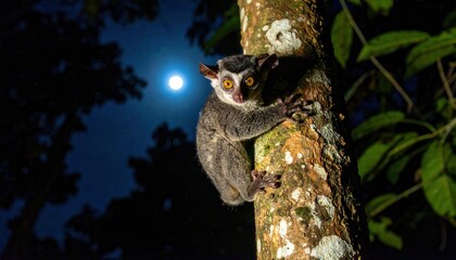 Fototapeta premium Rare nocturnal aye aye lemur with large yellow eyes and long middle finger clings to a tree trunk under a full moon in the dark Madagascar rainforest, creating a cinematic wildlife banner.