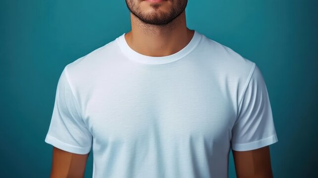 Close-up cropped portrait of a young man with short beard and stubble wearing a plain white t-shirt against a teal background, calm neutral mood