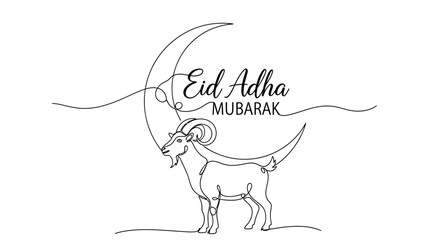 Fototapeta premium Eid Adha Mubarak - Goat and Crescent Moon One Line Art