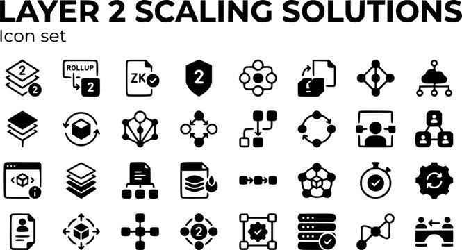 Layer 2 Scaling Solutions Icon Set Rollup ZK Proof Optimistic State Channel Plasma Sidechain Sequencer Finality Bridge Back Blockchain Scaling Vector Illustration