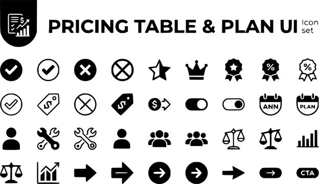 Pricing Table Plan UI Icon Set Check Included Cross Excluded Popular Save Badge Annual Toggle Custom Seats Compare CTA SaaS Pricing Subscription Vector