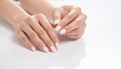 Fototapeta premium Graceful hands with glossy white oval nails, smooth skin, elegant pose on a clean light background, professional manicure presentation, beauty and self‑care aesthetic, soft lighting, minimal style.