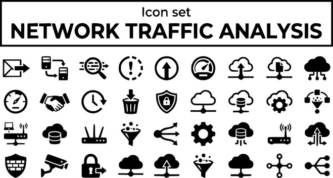 Network Traffic Analysis Icon Set Packet Flow Deep Inspect Anomaly Bandwidth Protocol Latency Drop Firewall IDS IPS SecOps Monitoring Vector Illustration
