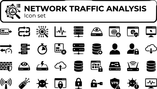 Network Traffic Analysis Icon Set Packet Flow Deep Inspect Anomaly Bandwidth Protocol Latency Drop Firewall IDS IPS SecOps Monitoring Vector Illustration
