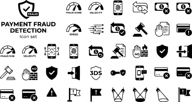 Payment Fraud Detection Icon Set Fraud Score Velocity Device Fingerprint Chargeback Dispute Block Allow 3DS Decline Flag Real-Time Fraud Scoring Vector
