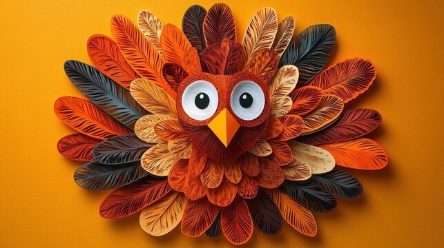 whimsical paper feather owl wall art with layered orange, red and brown feathers, big round eyes and a cheerful expression on an orange background