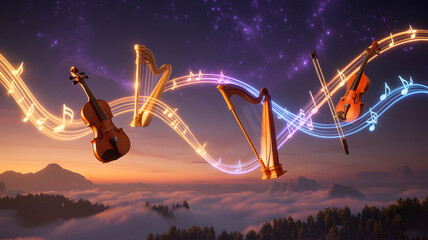 Naklejka premium Musical instruments float among glowing notes over misty mountains at sunrise with ethereal light