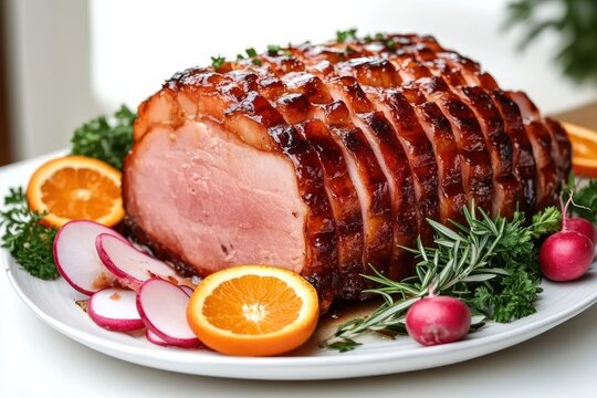 glazed spiral-cut ham on white plate with orange slices, radish rounds and whole radishes, fresh rosemary and parsley garnish, mouthwatering festive presentation