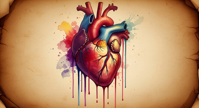 Watercolor anatomical heart on vintage parchment medical illustration