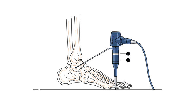 Ankle arthroscopy procedure illustration shows surgical tools inserted into the joint for minimally invasive orthopedic treatment.