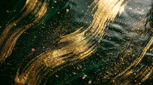 Elegant Abstract Surface Deep Forest Green Lacquer with Gold Metallic Glitter Brush Strokes Luxury