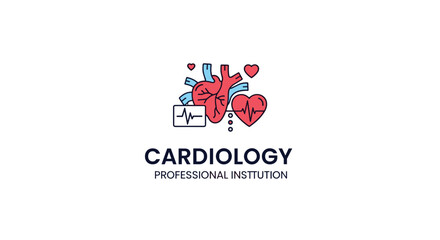 Obraz premium Cardiology professional institution logo features human heart icon with electrocardiogram pulse lines and medical symbols.