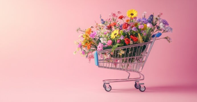 metal shopping cart overflowing with colorful mixed flowers on a soft pink background, cheerful whimsical mood