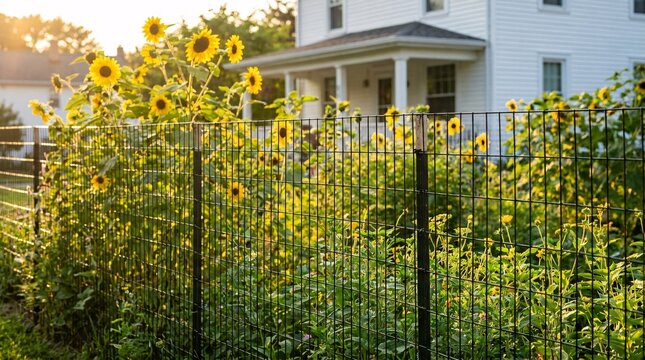 Sturdy black wire mesh fence running through a lush green backyard garden, blooming with beautiful bright yellow sunflowers in sunlight.