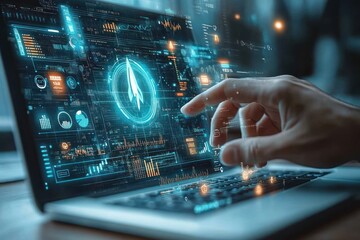 Fototapeta premium hand interacting with holographic laptop interface showing rocket icon, glowing blue and orange charts and analytics, evoking focus, innovation and futuristic control