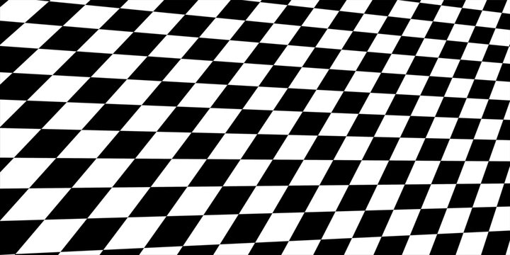 Black and white checkerboard floor in perspective. Fading checkered tile pattern background. Retro horizontal chess board grid plane surface. Vintage empty room stage checker floor
