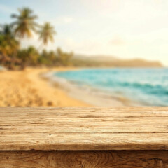 Fototapeta premium Empty wooden table on tropical beach background for product display mockup and summer marketing banner template