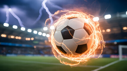 Fototapeta premium Soccer ball with fiery energy and lightning during a night game with stadium lights