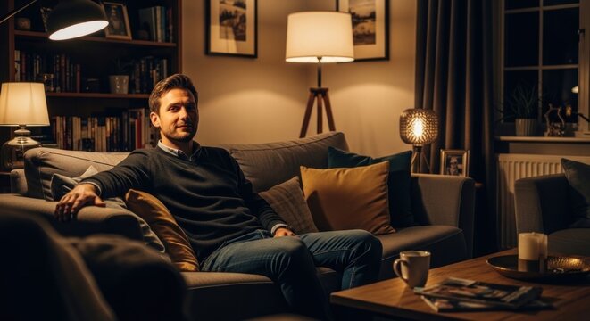 Man Relaxing on Sofa in Cozy Living Room at Night.