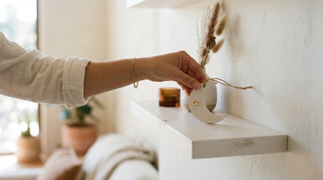 Person placing crescent moon ornament on minimalist white shelf
