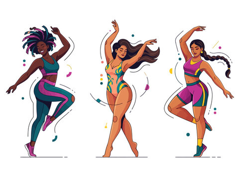 Set of Diverse Women Dancing and Doing Fitness Exercises, Body Positive Wellness Illustration of Multiracial Female Characters in Sportswear, Yoga, and Activewear
