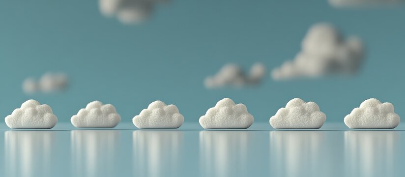 Five clouds in a row, blue sky background, data storage concept