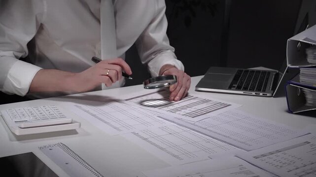 Person working late in an office, meticulously scrutinizing paperwork with a magnifying glass and pen, surrounded by a laptop, calculator, and binders filled with documents