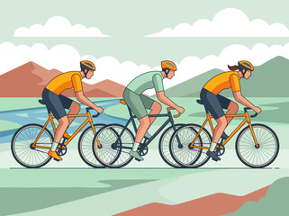 Fototapeta premium Group of Cyclists Riding Road Bikes in a Scenic Mountain Landscape Vector Illustration